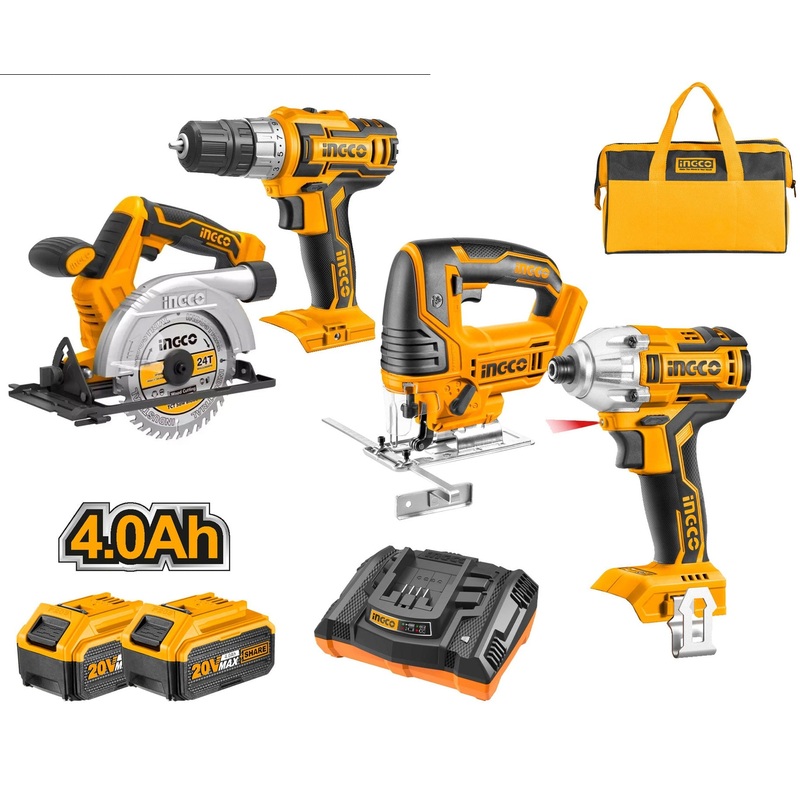 Ingco CKLI2010 20V Li-Ion Cordless 4pcs Combo Kit Drill,Driver,JIgsaw ...